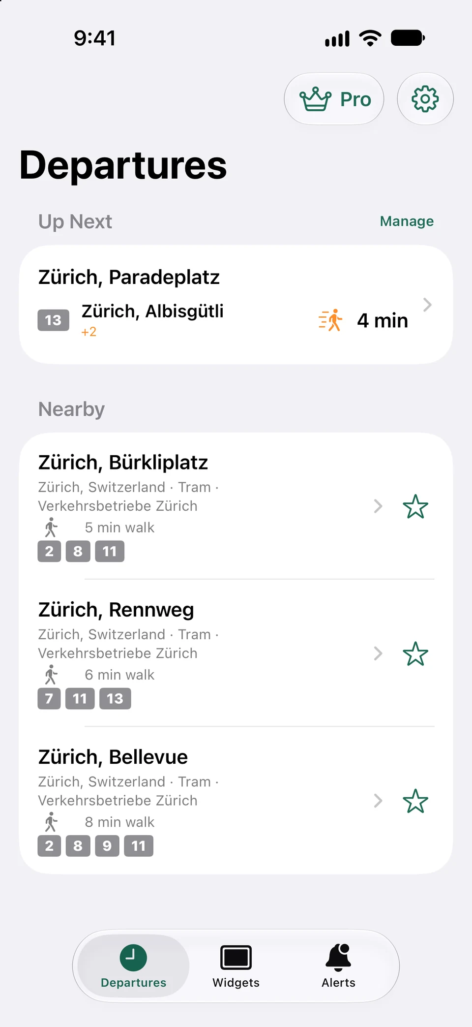 Real PT Widgets app departures overview on an iPhone