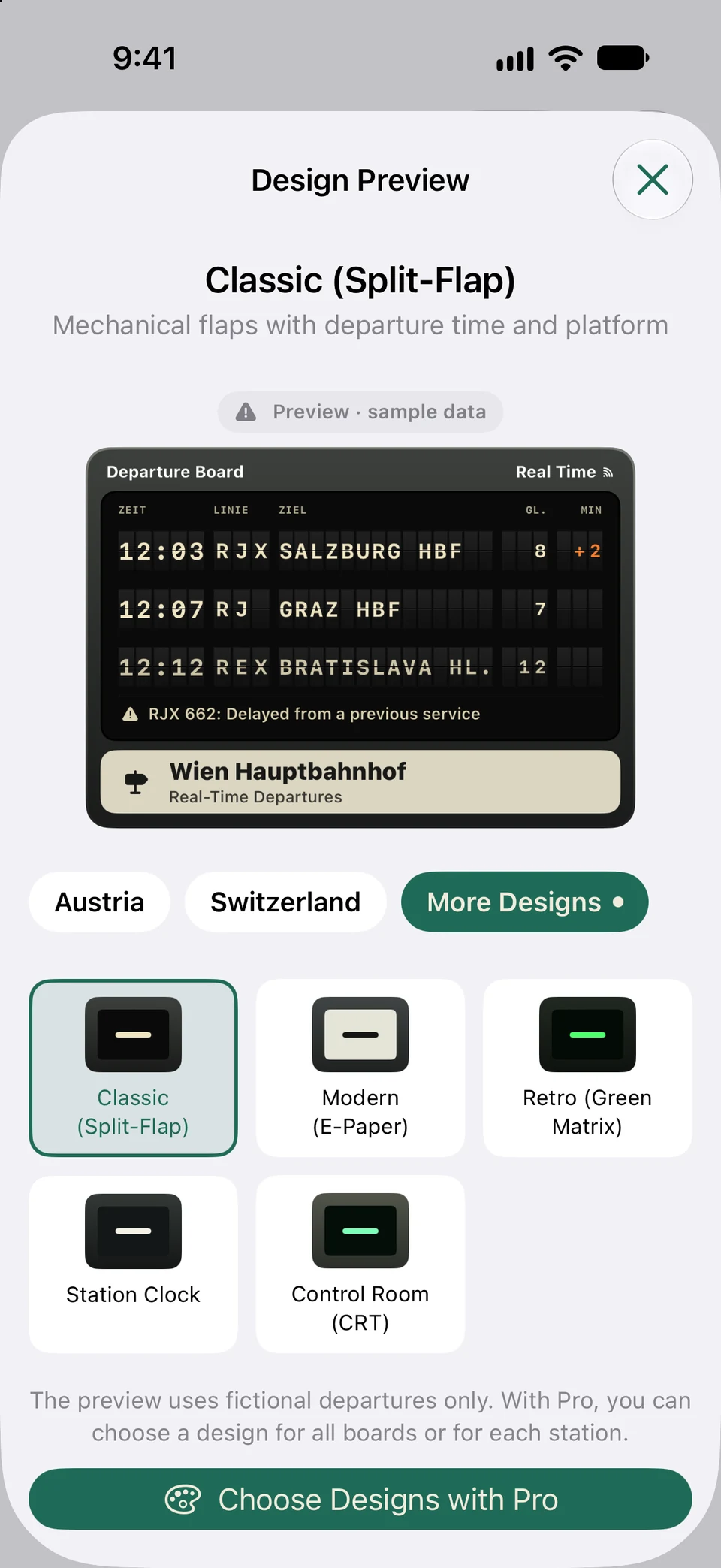 PT Widgets design picker showing a split-flap departure board and regional display styles