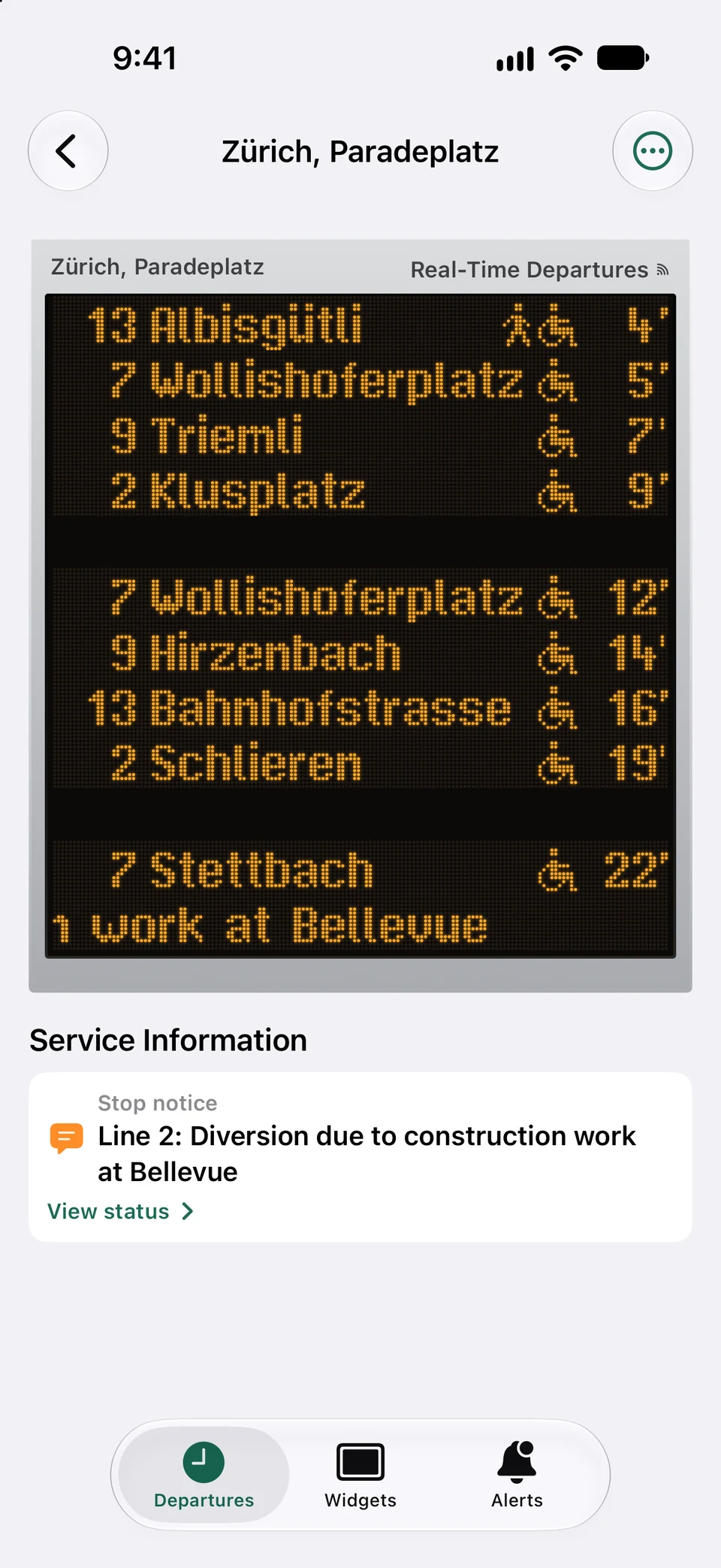 Real PT Widgets departure monitor with countdown and service information on an iPhone