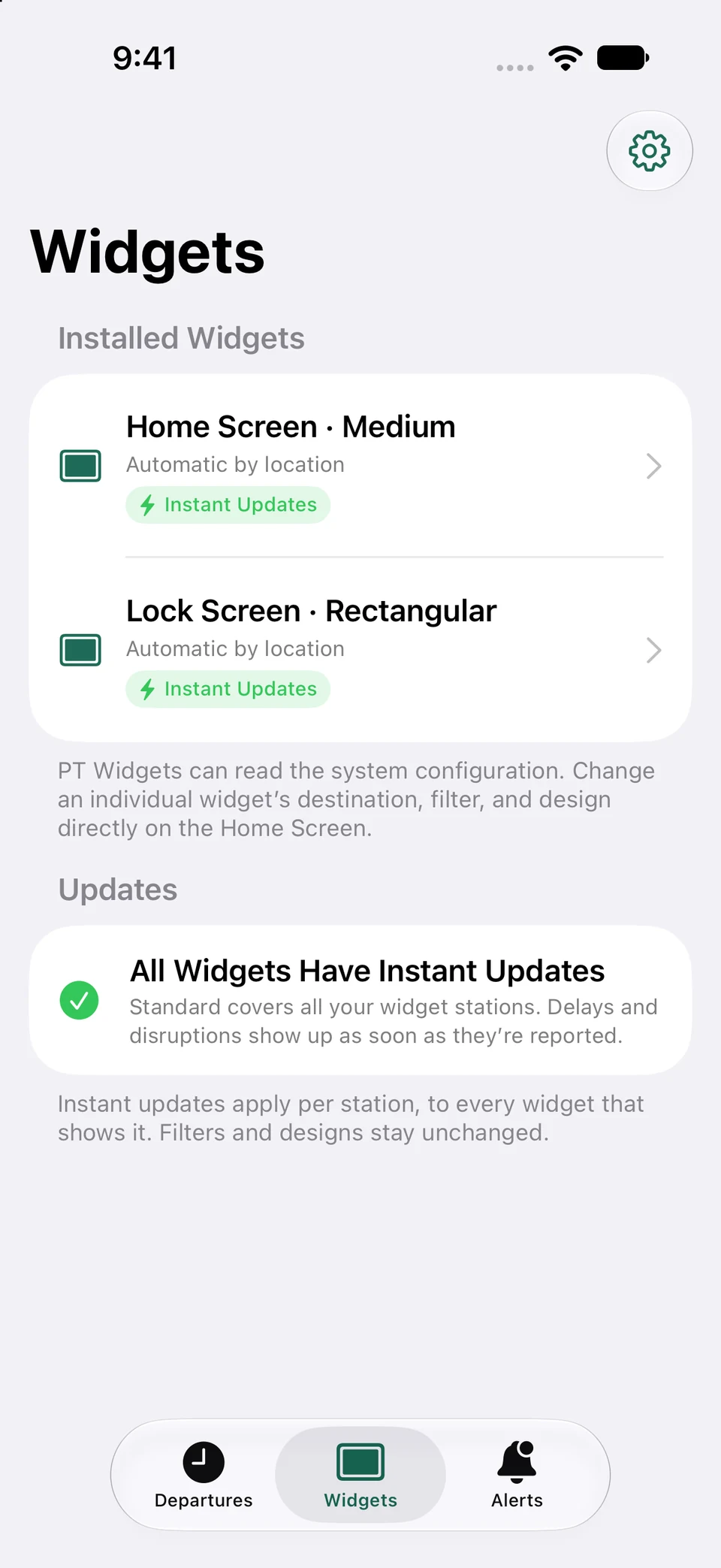 Real PT Widgets widget management screen on an iPhone